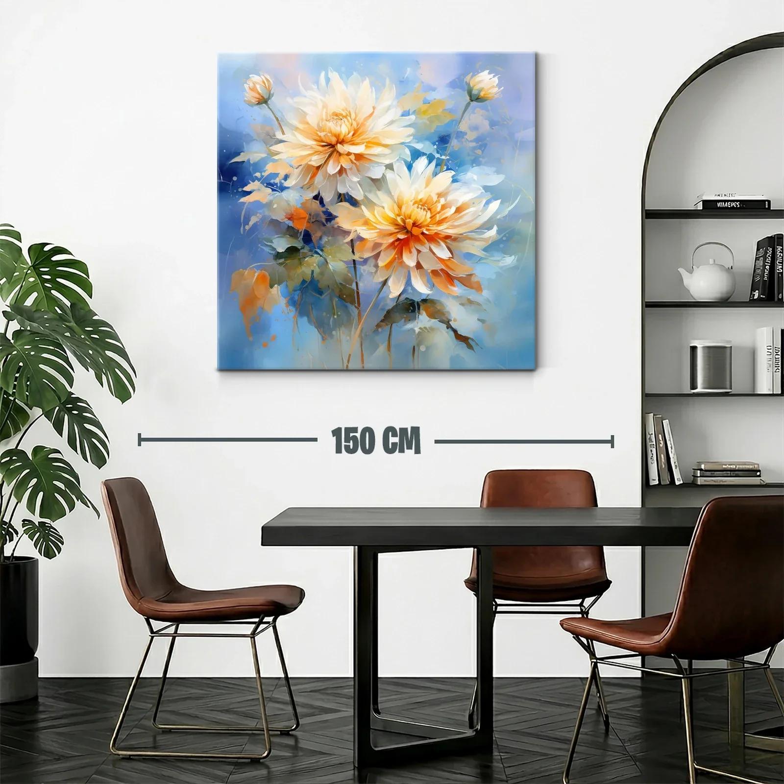 Cuadro floral con dalias en tonos cálidos y fondo azul — miniatura 2