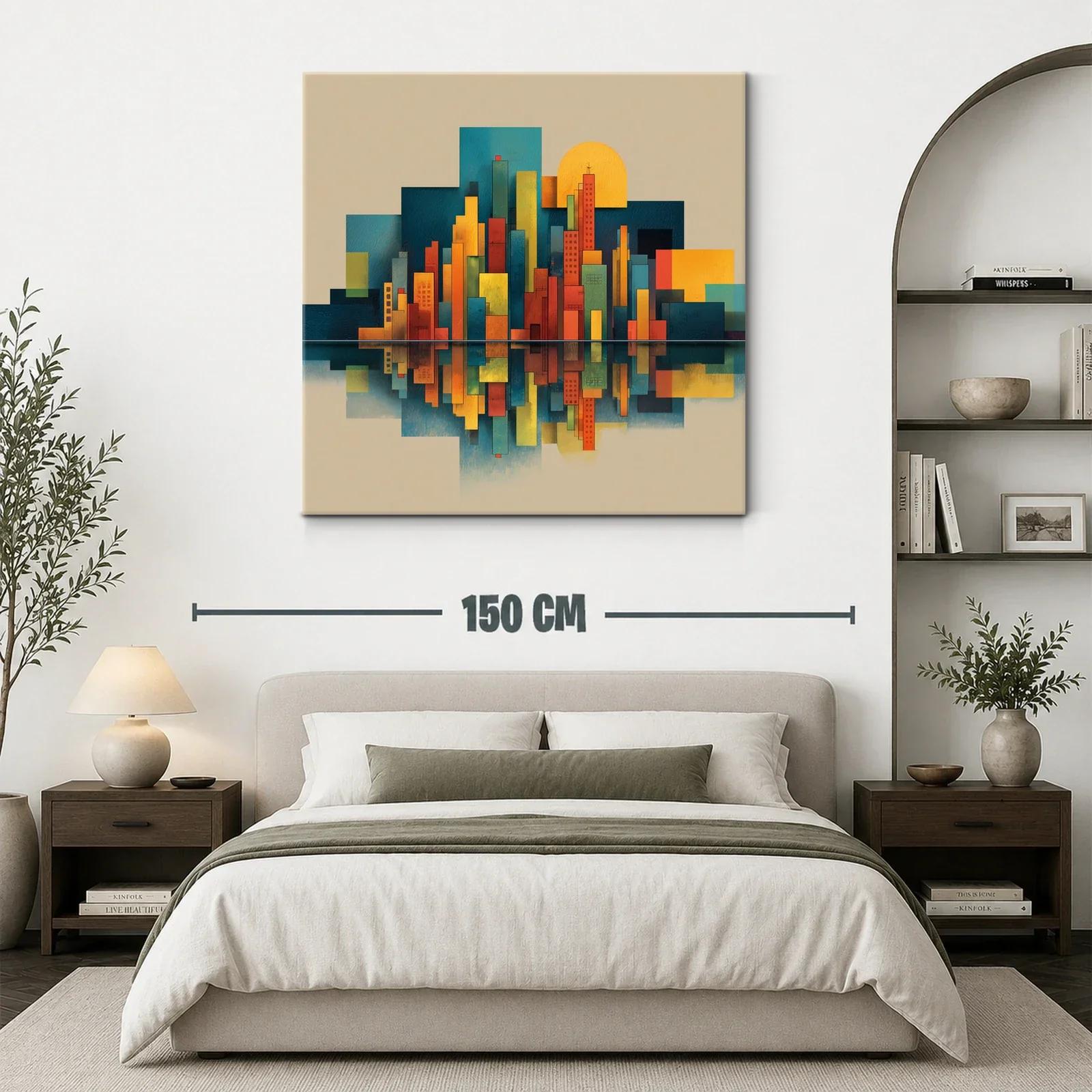 Cuadro de ciudad geométrica con reflejo al atardecer — miniatura 3