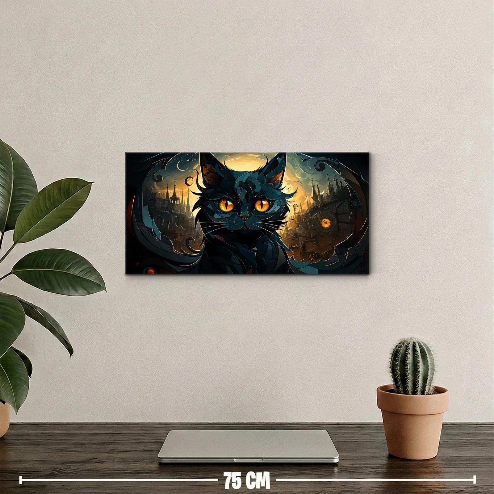 Cuadro gato negro de ojos naranjas con luna y luces nocturnas — miniatura 2