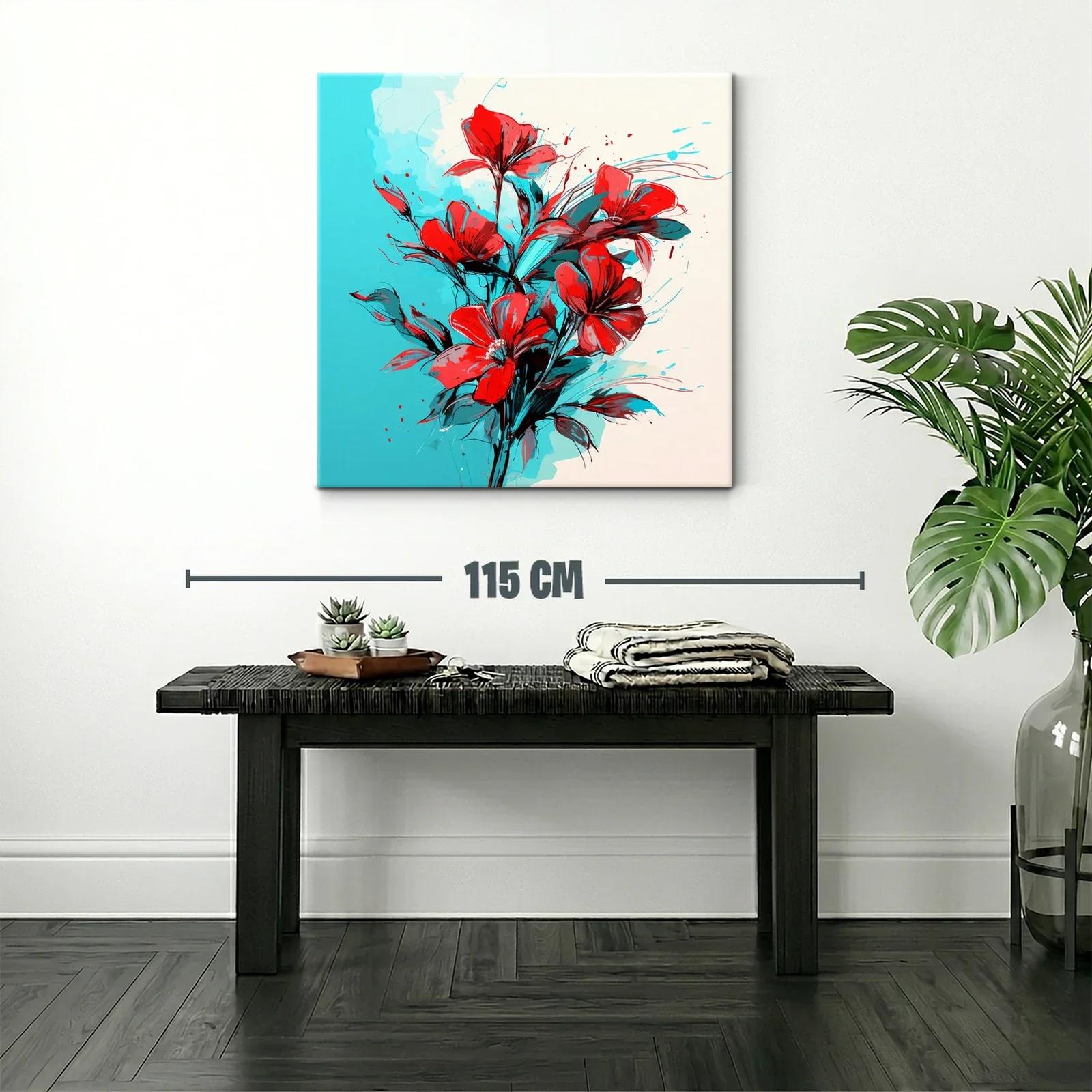 Ramo vibrante de flores rojas sobre fondo azul y beige — miniatura 2