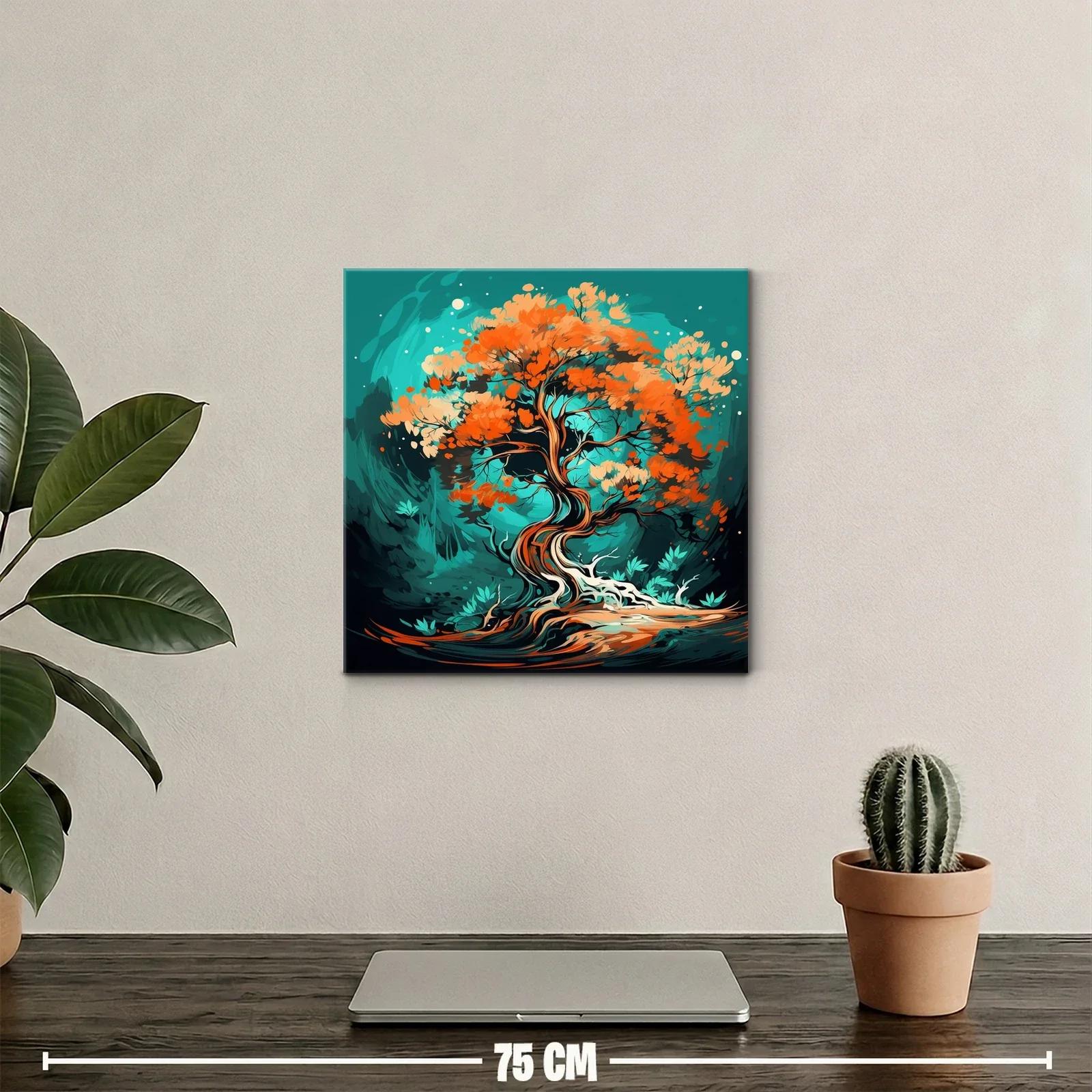 Árbol Abstracto con Hojas en Tonos Cálidos y Fondo Turquesa — miniatura 2