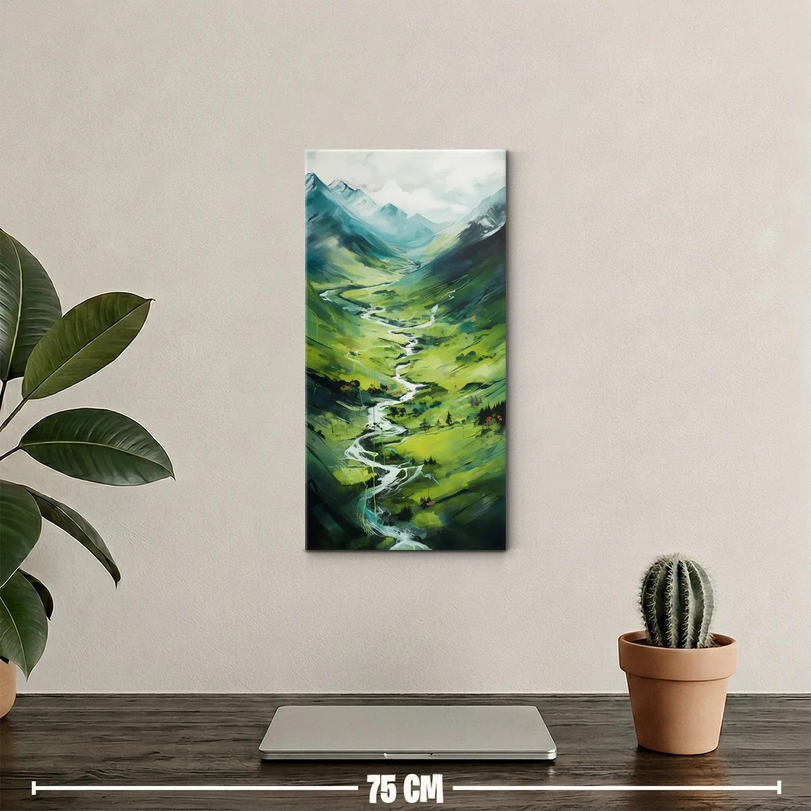 Cuadro valle de montaña con río serpenteante y niebla — miniatura 2