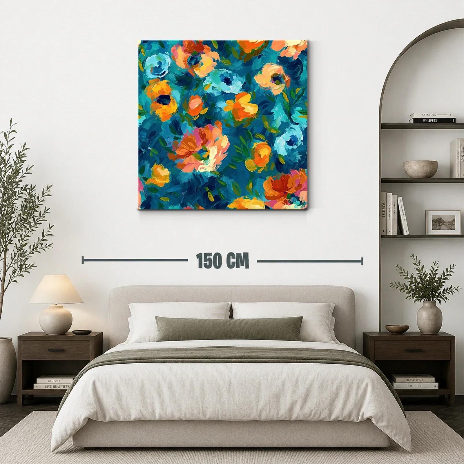Cuadro floral vibrante con tonos azules y naranjas — miniatura 3
