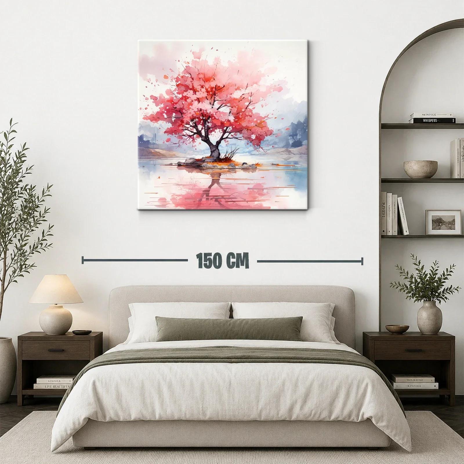 Árbol en flor rosa con reflejo en agua tranquila — miniatura 3