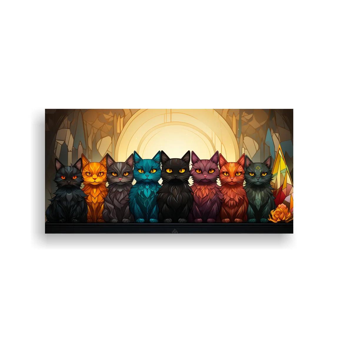 Cuadro fila de gatos con resplandor dorado y cristales — imagen principal