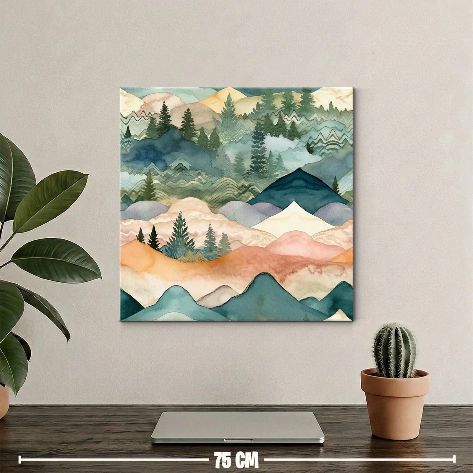 Paisaje abstracto de montañas y pinos en tonos suaves — miniatura 2