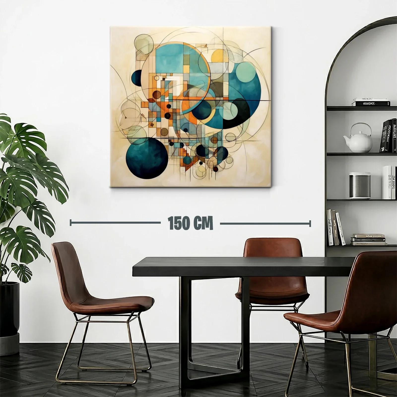 Cuadro abstracto de círculos geométricos en tonos azules y ocres — miniatura 2