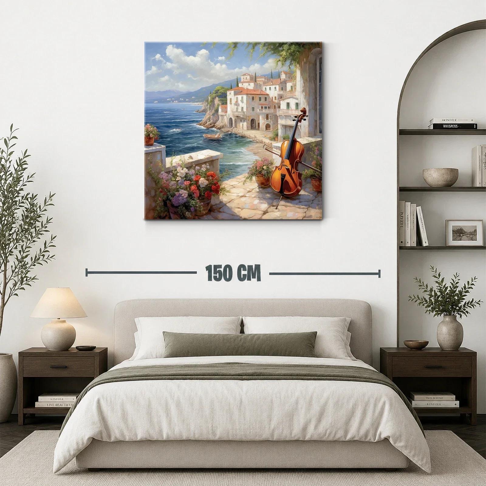 Paisaje costero con violonchelo y flores en primer plano — miniatura 3
