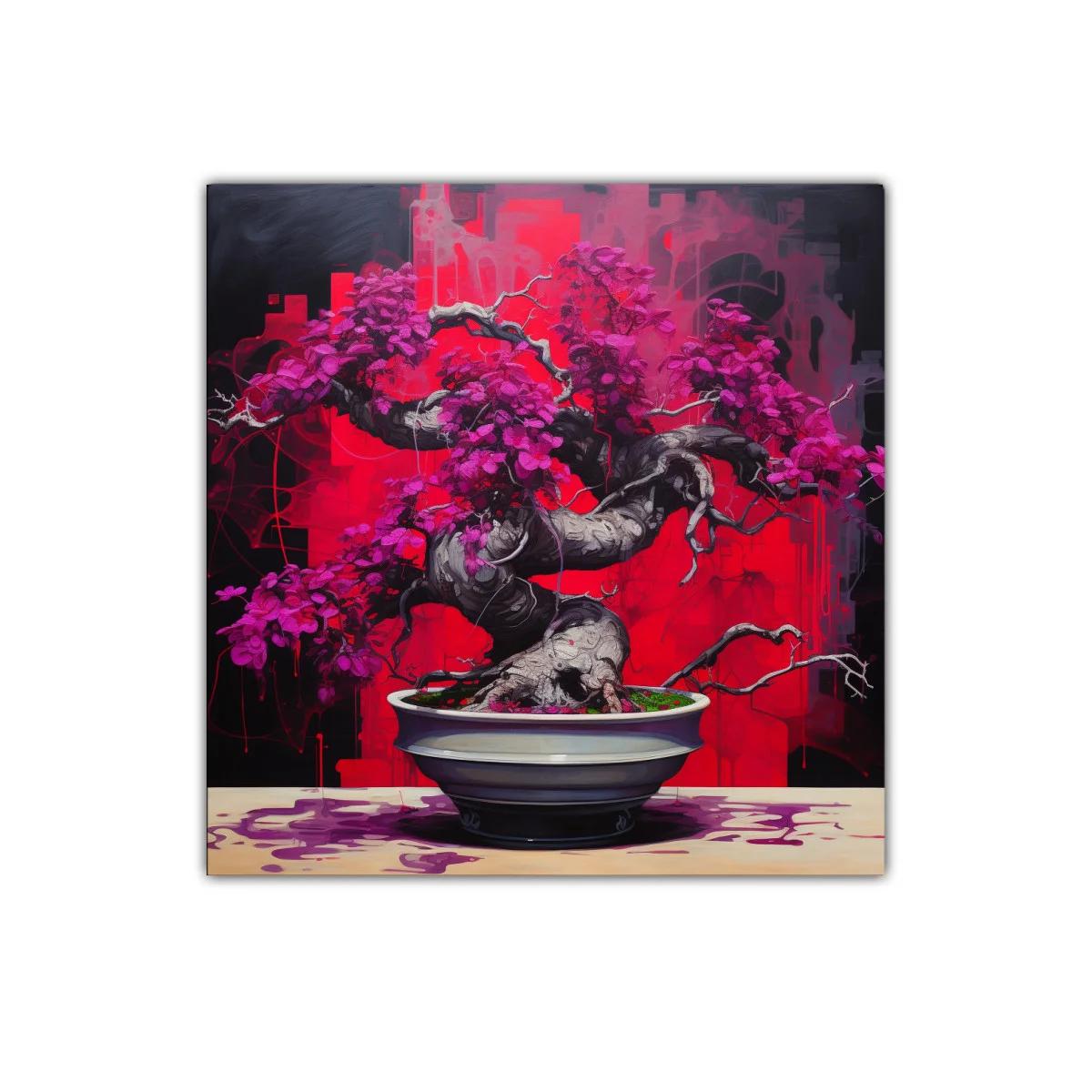 Bonsái vibrante con delicadas flores moradas sobre fondo rojo — miniatura 1
