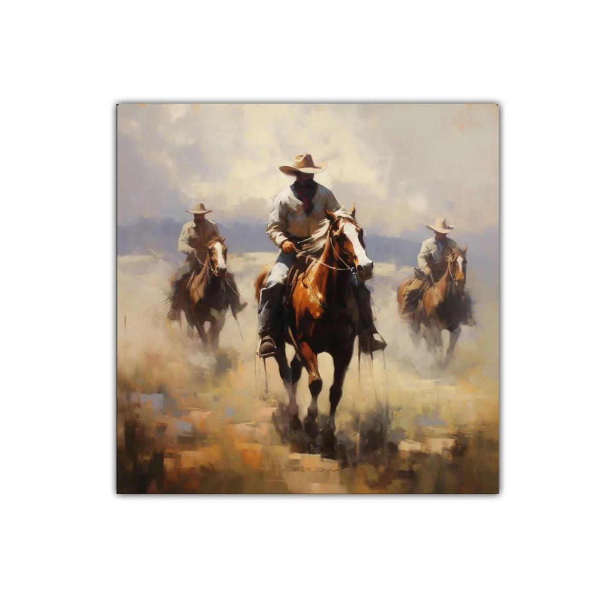 Vaqueros al galope en paisaje polvoriento y cálido — miniatura 1