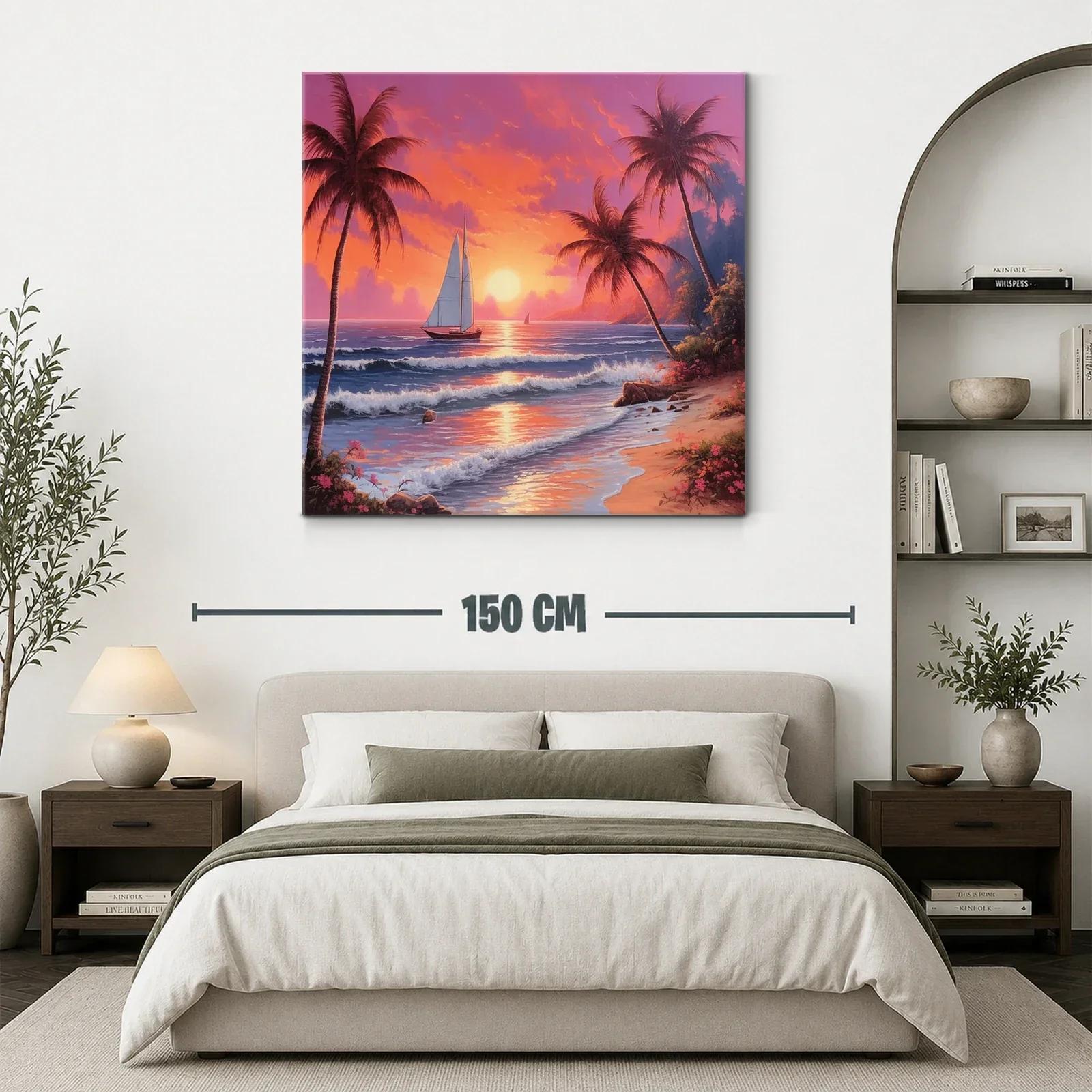 Atardecer tropical con velero y palmeras en la playa — miniatura 3