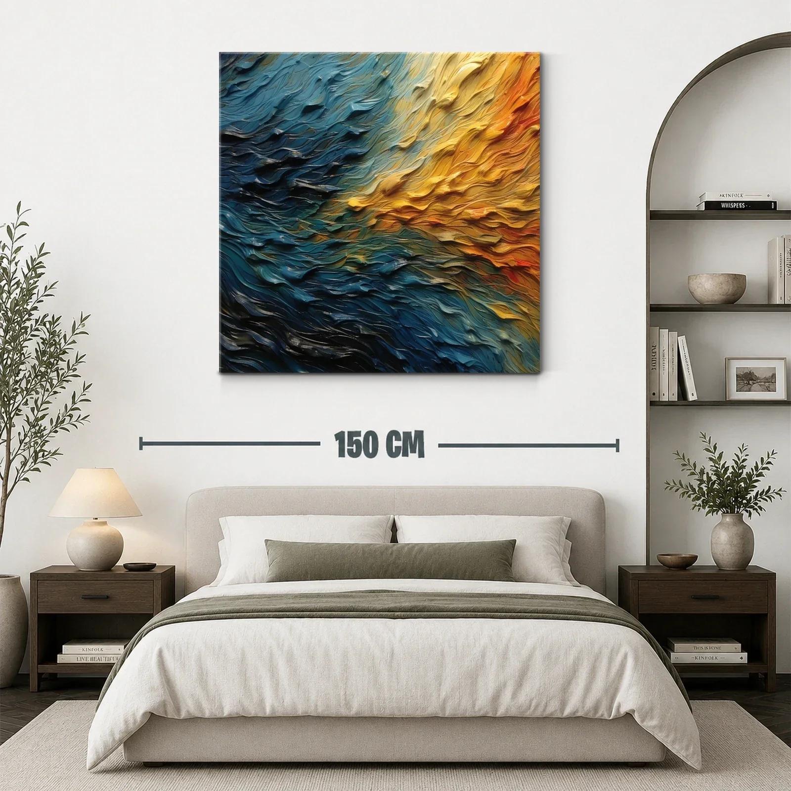 Cuadro abstracto con textura ondulada en tonos cálidos y fríos — miniatura 3