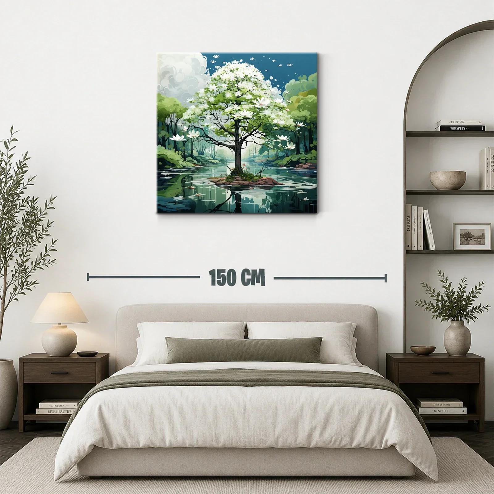 Árbol en flor sobre lago sereno con paisaje natural — miniatura 3