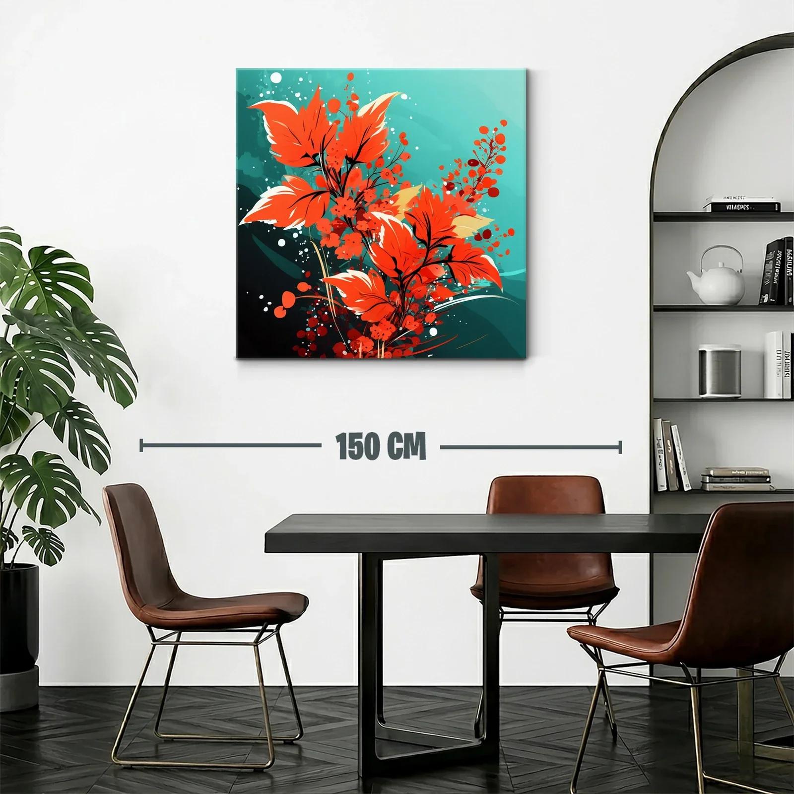 Cuadro moderno con hojas y flores en tonos rojos vibrantes — miniatura 2
