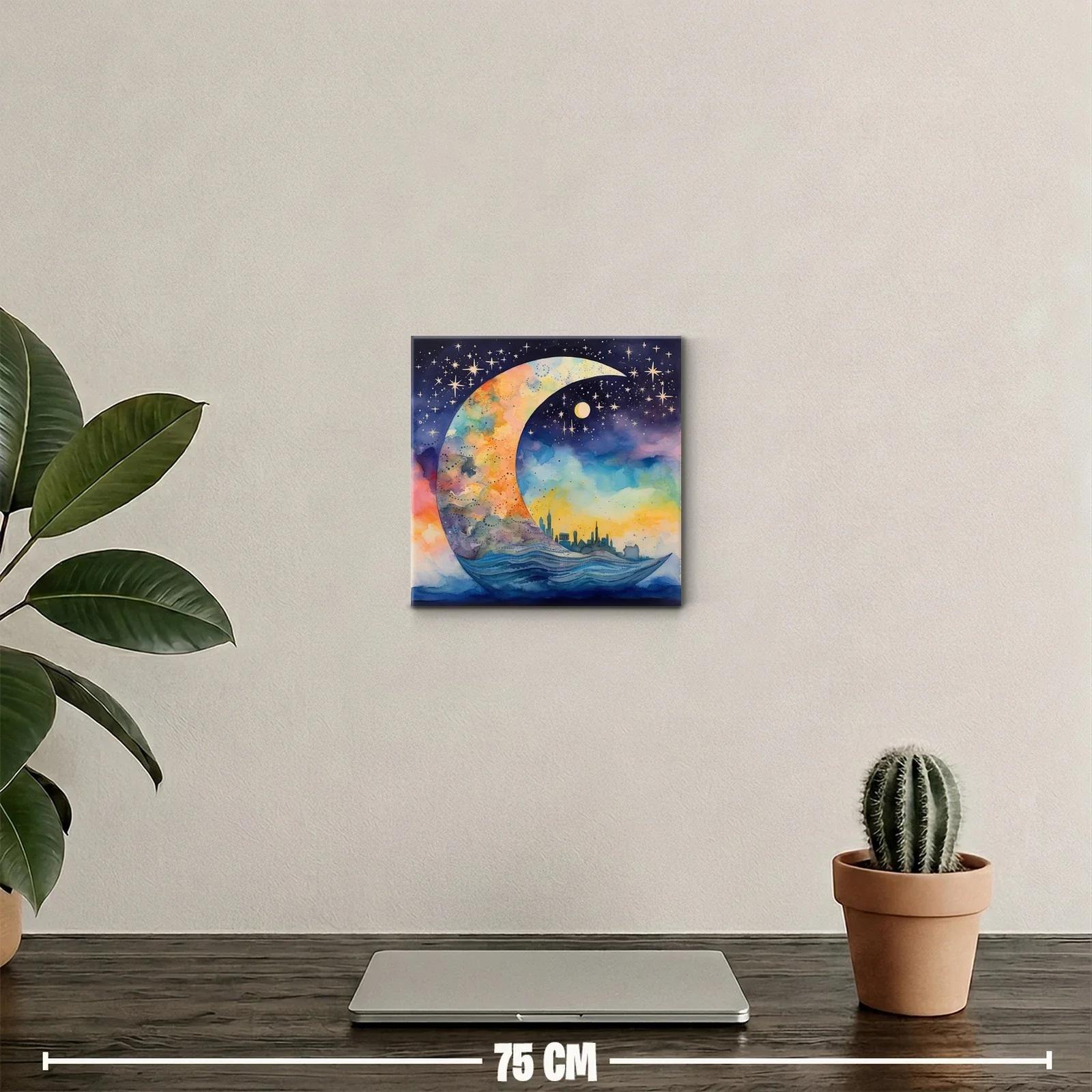 Luna multicolor con ciudad y estrella fugaz en cielo nocturno — miniatura 2