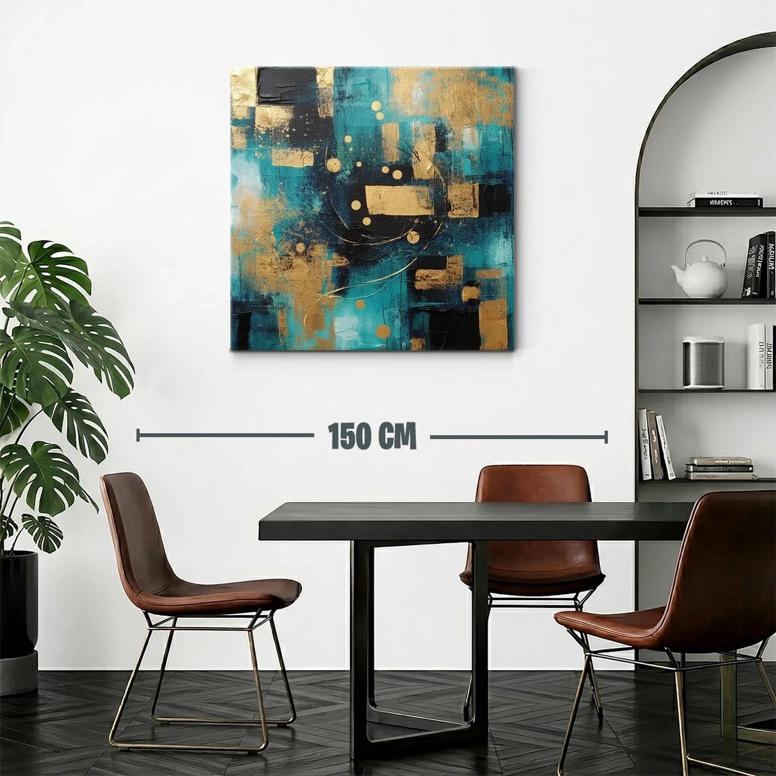 Cuadro abstracto con tonos azul turquesa y dorado — miniatura 2