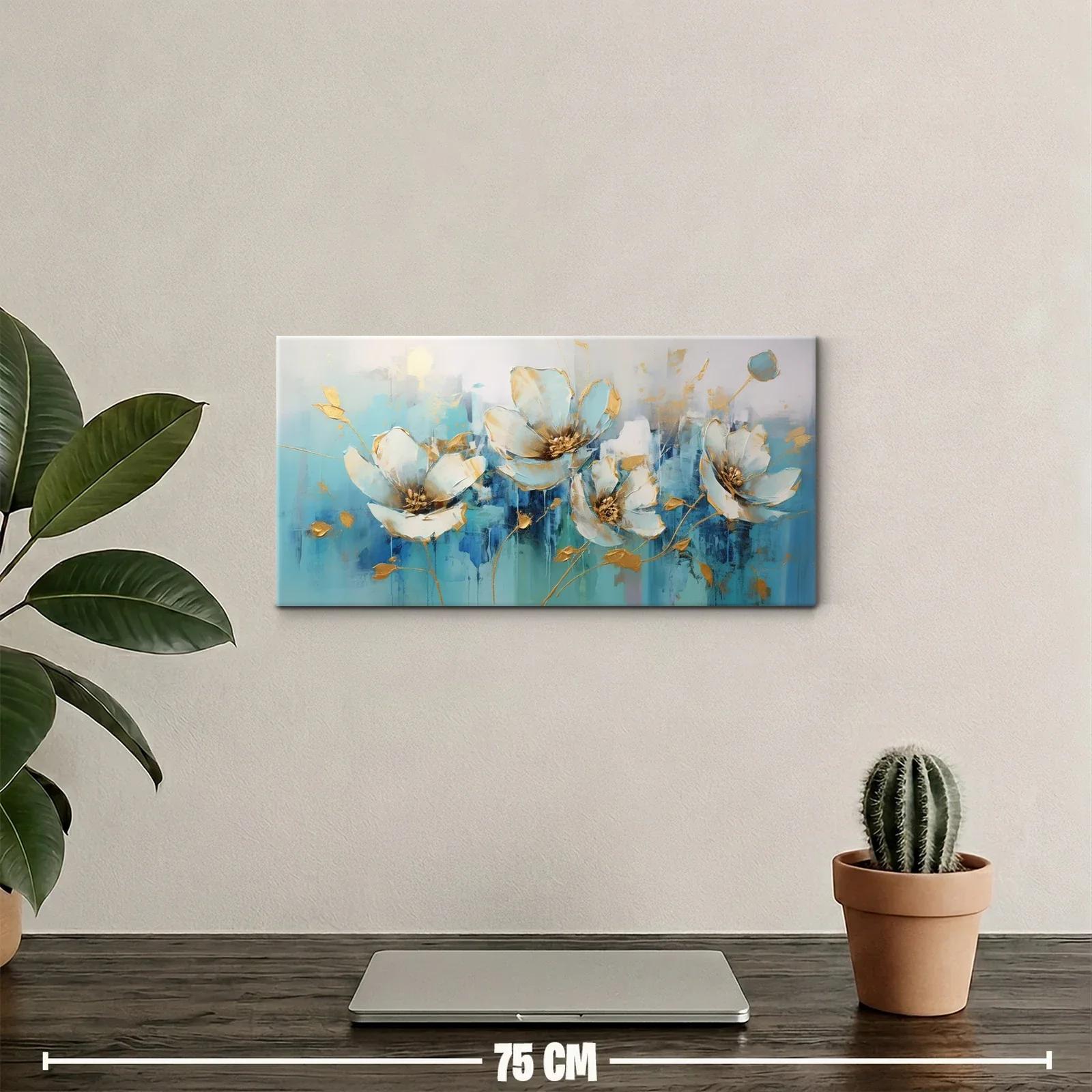 Cuadro magnolias blancas con fondo turquesa y dorado — miniatura 2