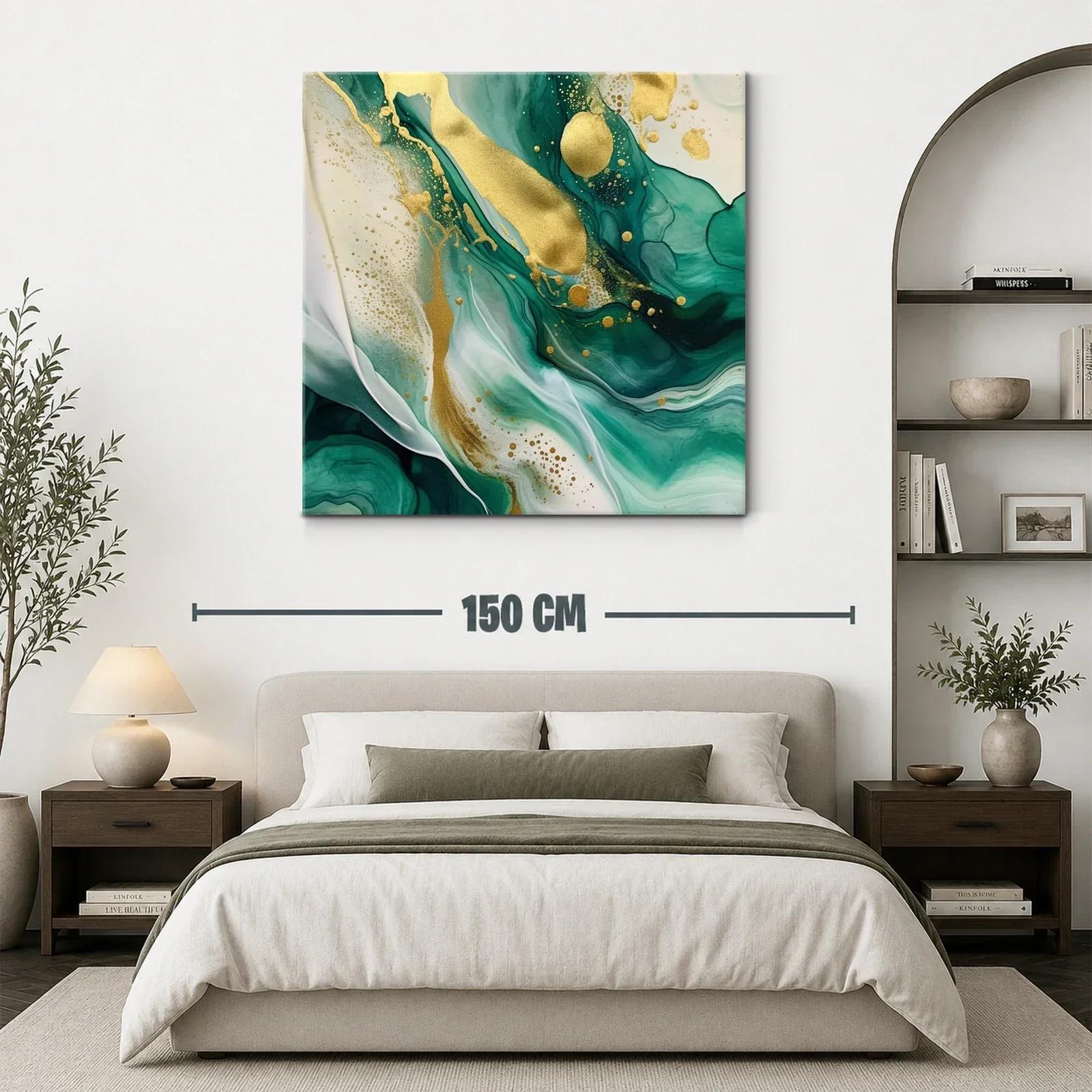 Cuadro Abstracto con Tonos Verdes y Detalles Dorados — miniatura 3