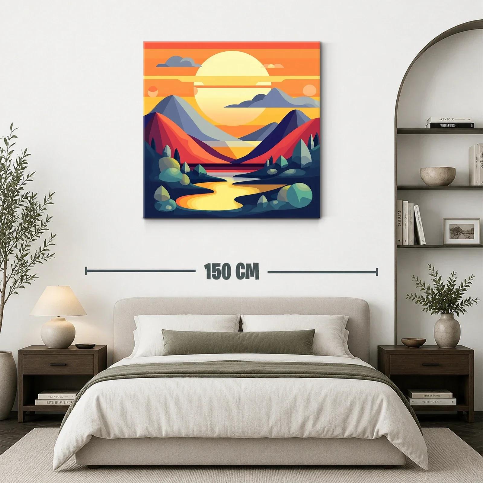 Paisaje abstracto con montañas y río al atardecer vibrante — miniatura 3