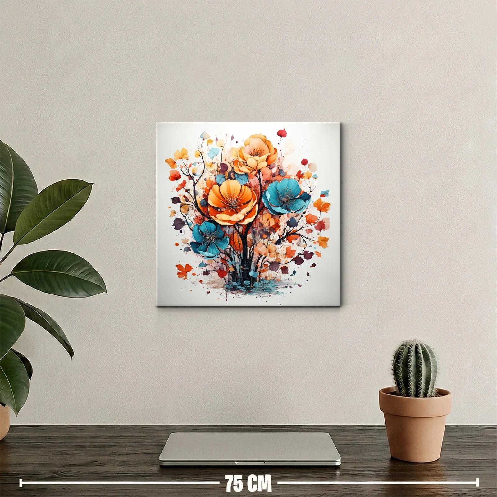 Cuadro floral vibrante con tonos cálidos y azules intensos — miniatura 2