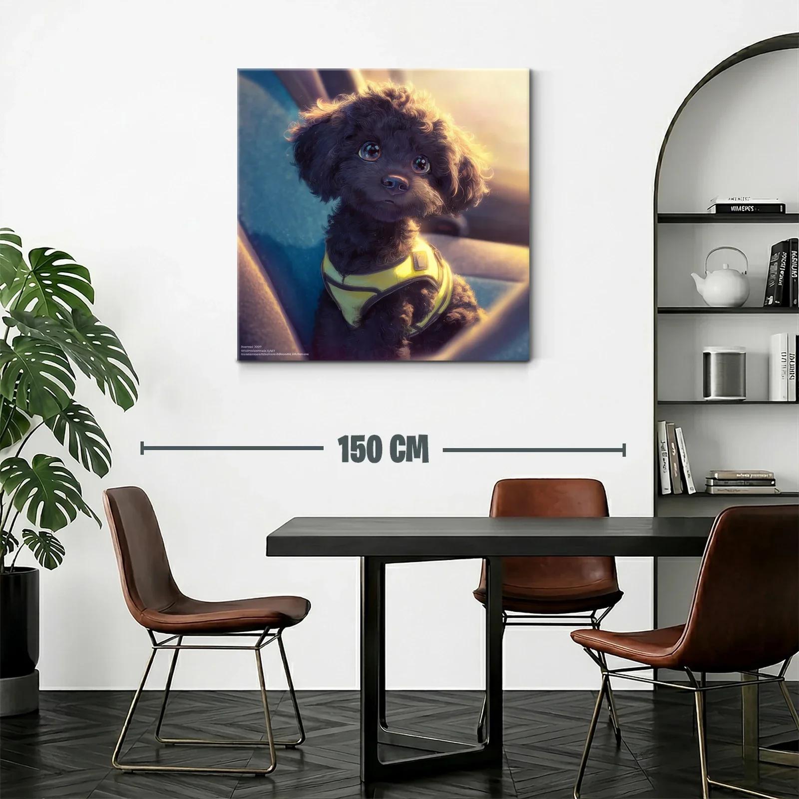 Tierno perro negro con arnés amarillo al atardecer — miniatura 2