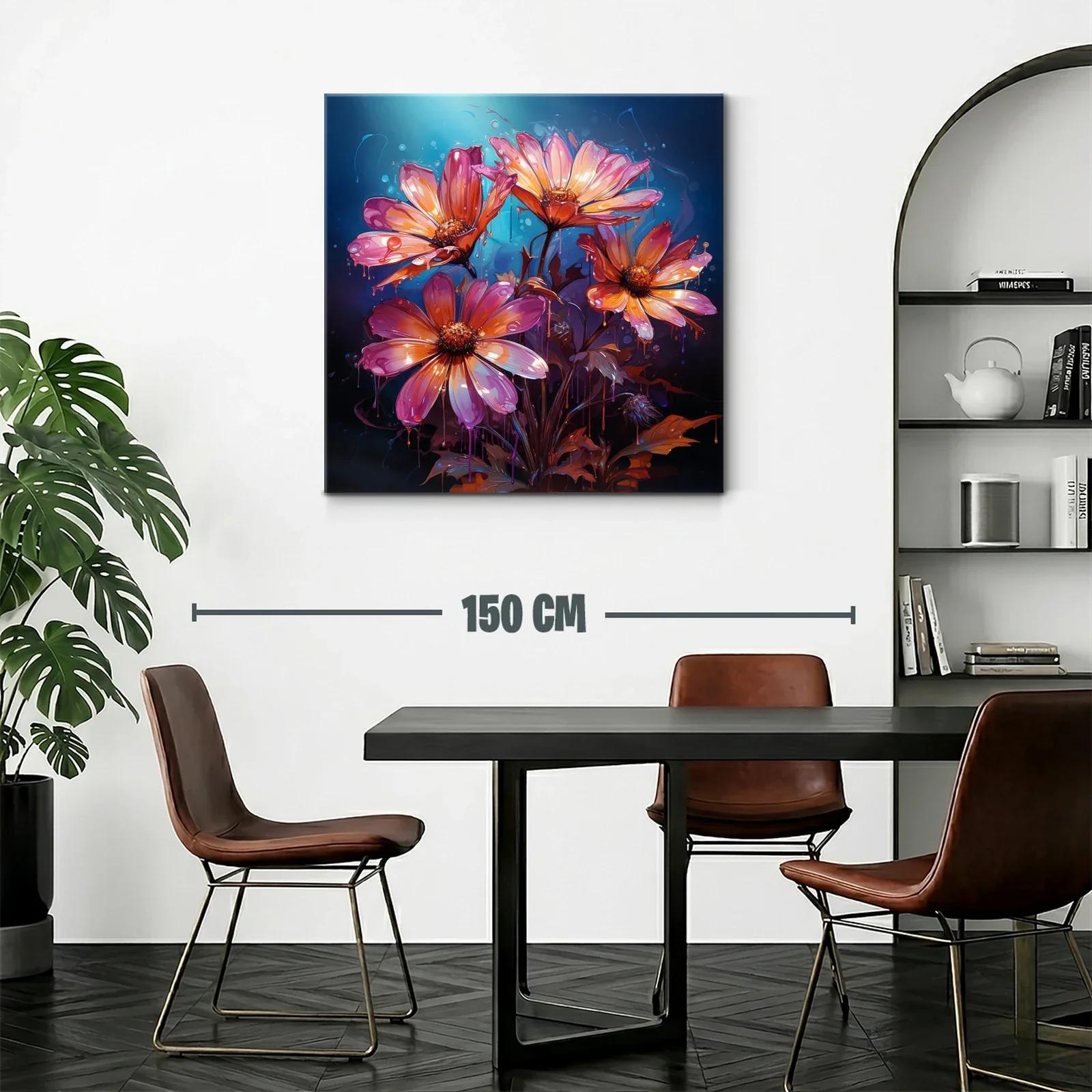 Cuadro floral vibrante con tonos cálidos y fondo azul oscuro — miniatura 2