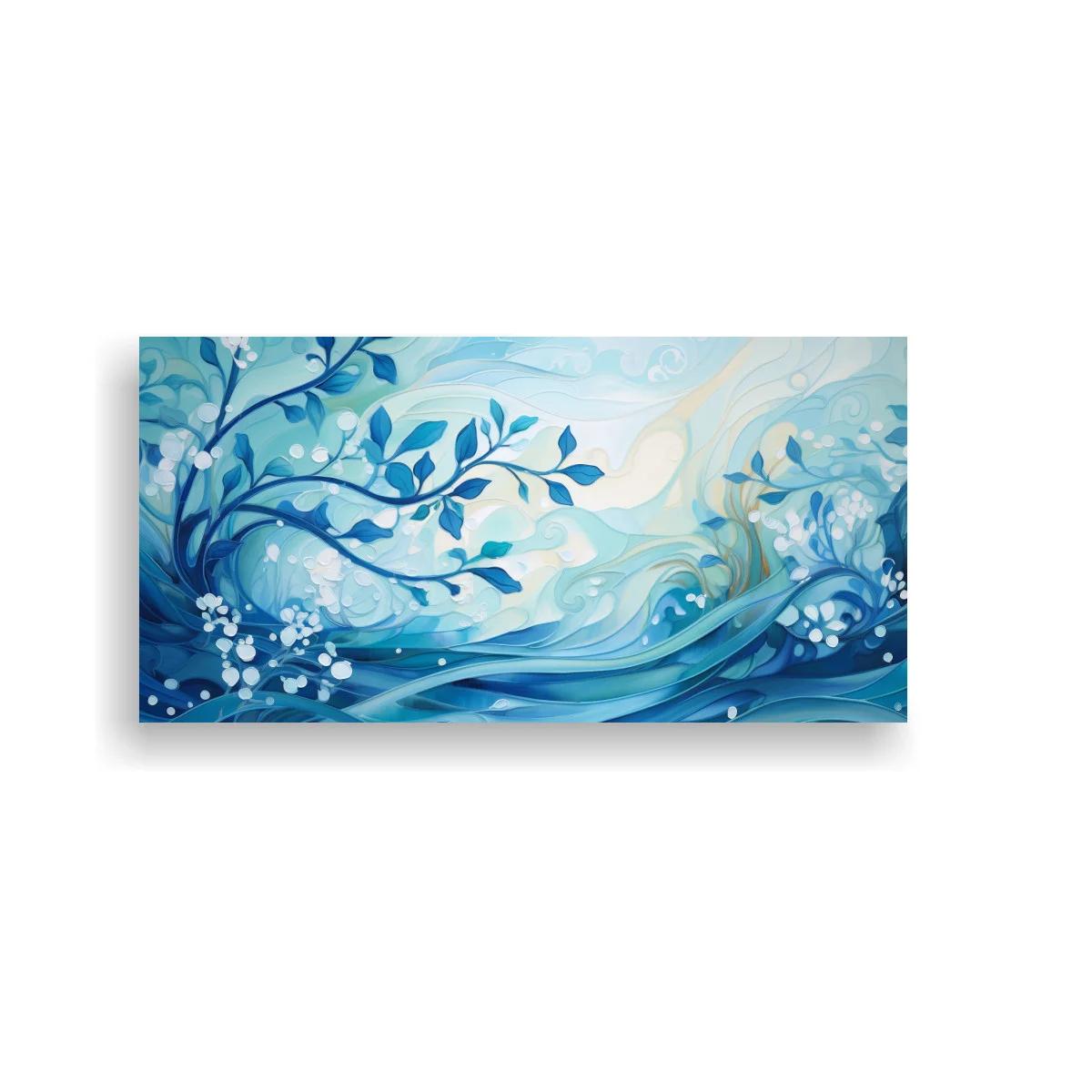 Cuadro ramas con hojas azules y flores blancas sobre ondas fluidas — imagen principal