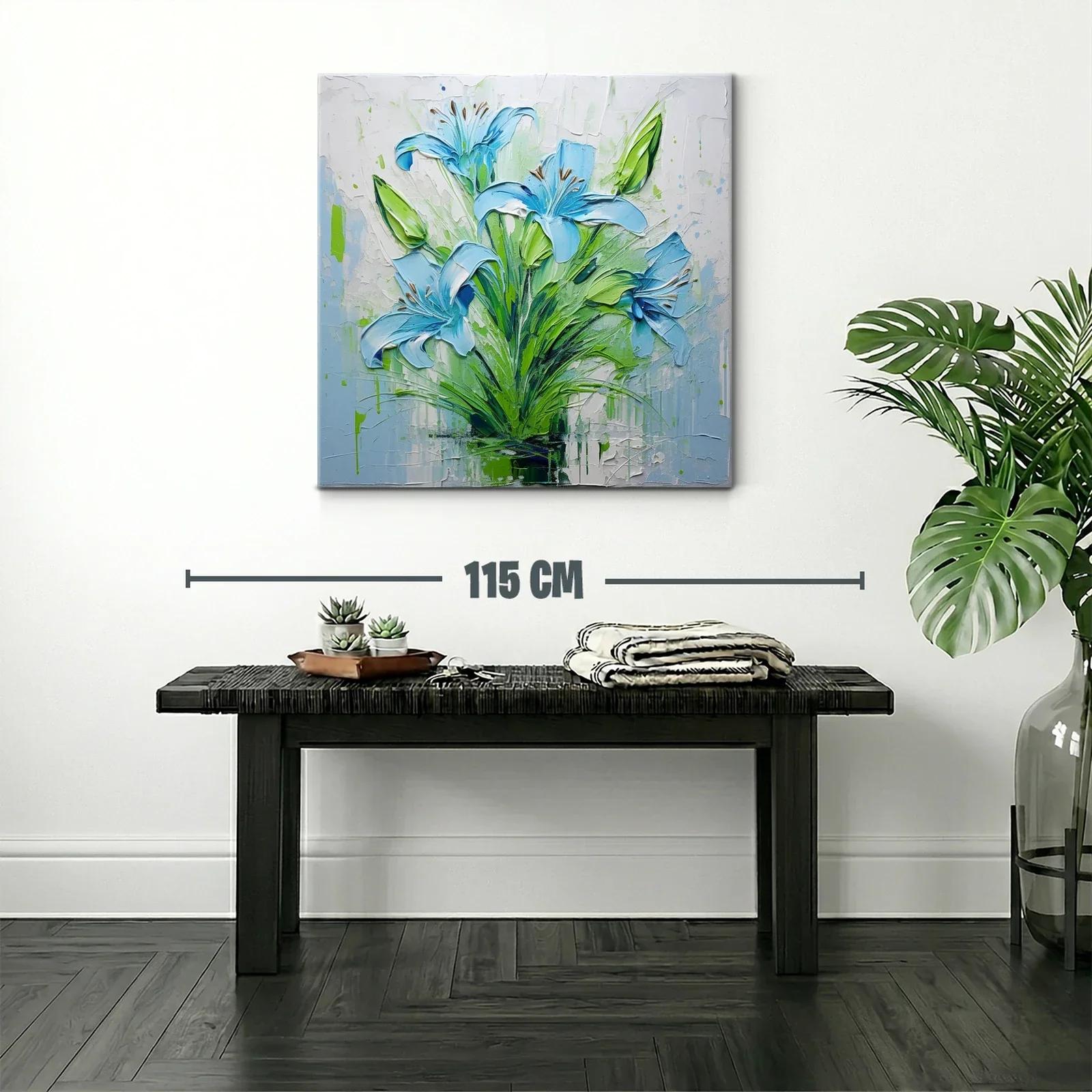 Cuadro floral intenso con lirios azules y verdes vibrantes — miniatura 2