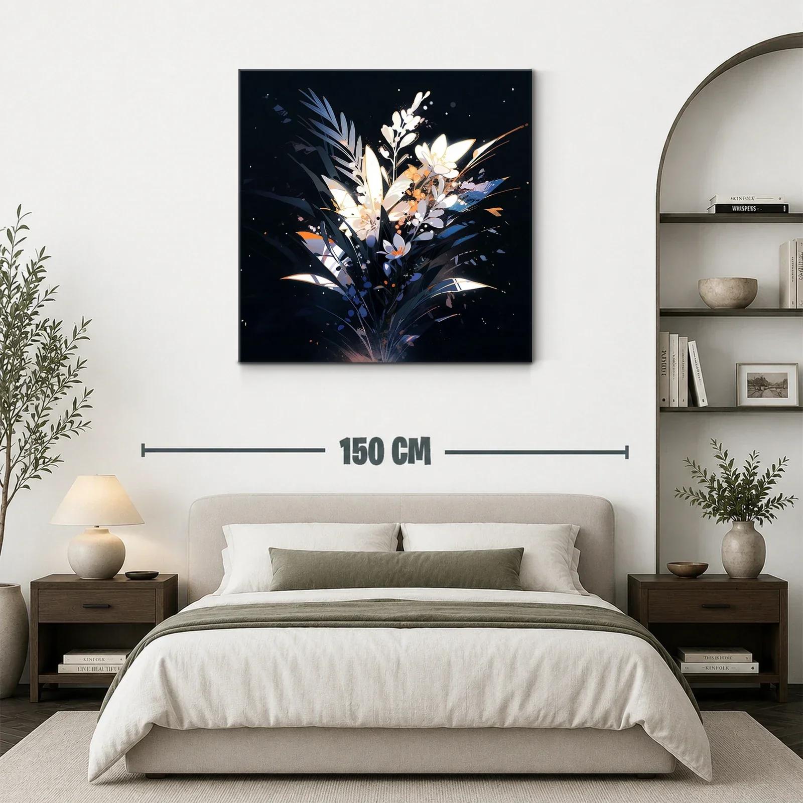 Cuadro moderno con ramo floral iluminado sobre fondo oscuro — miniatura 3