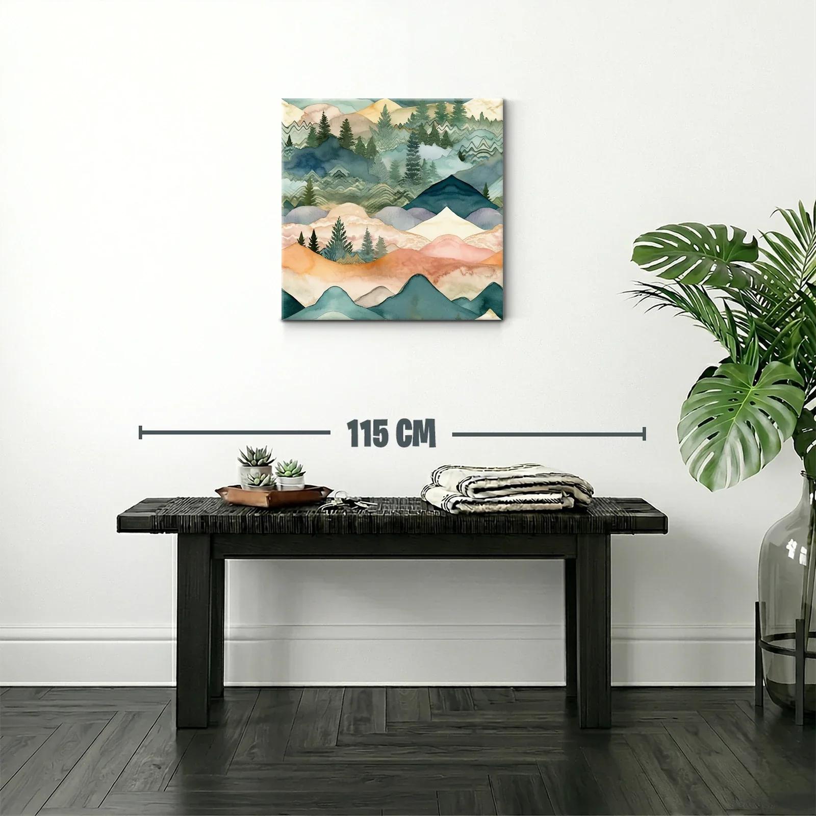 Paisaje abstracto de montañas y pinos en tonos suaves — miniatura 2