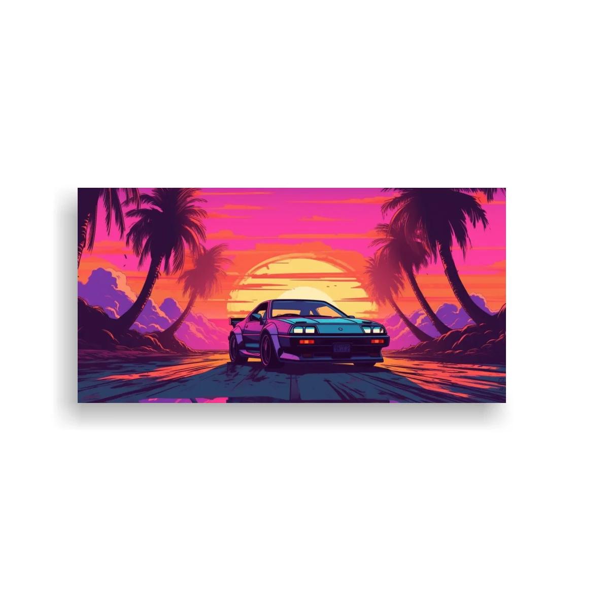 Cuadro coche deportivo retro al atardecer neón — imagen principal