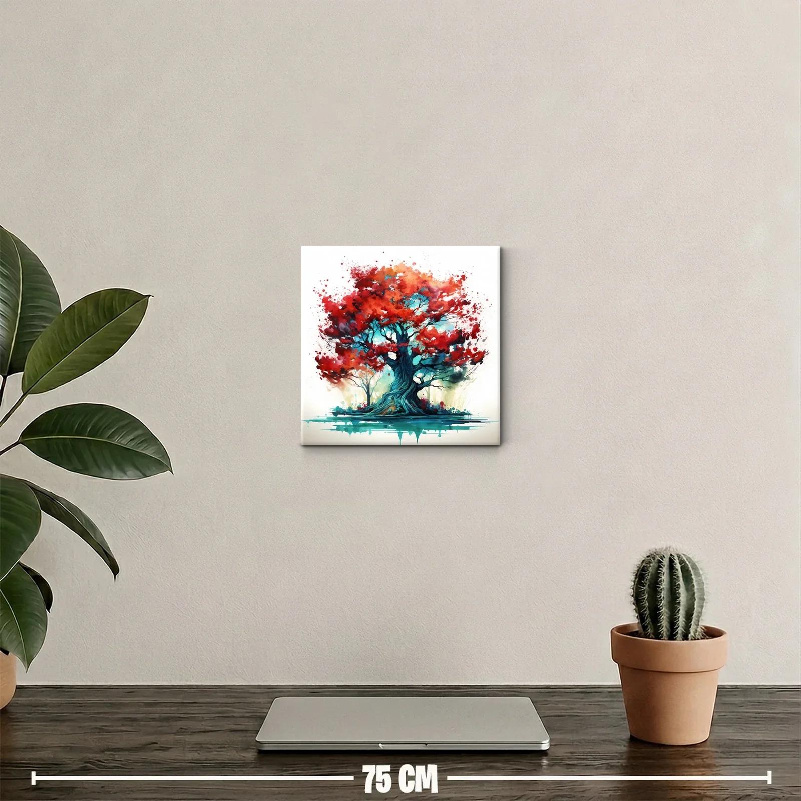 Impactante cuadro árbol con hojas rojas y tonos vibrantes — miniatura 2