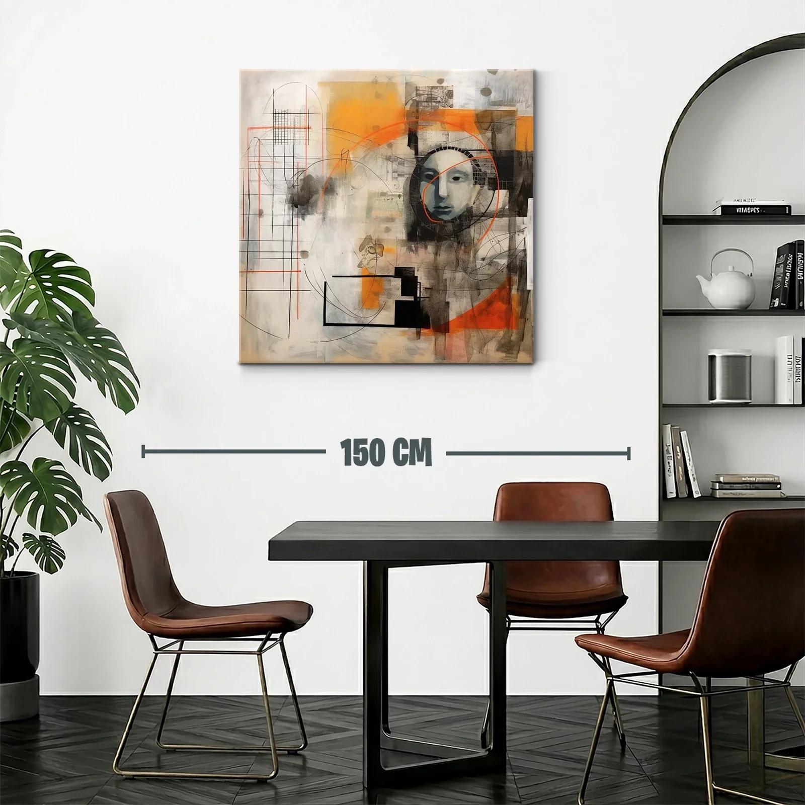 Cuadro abstracto con rostro y formas geométricas naranja y negro — miniatura 2