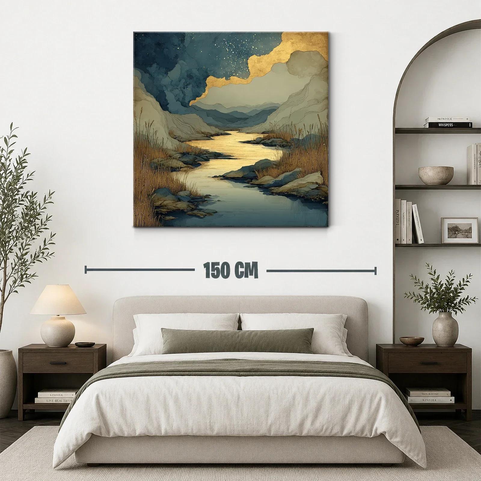 Paisaje sereno con río dorado y montañas azules — miniatura 3
