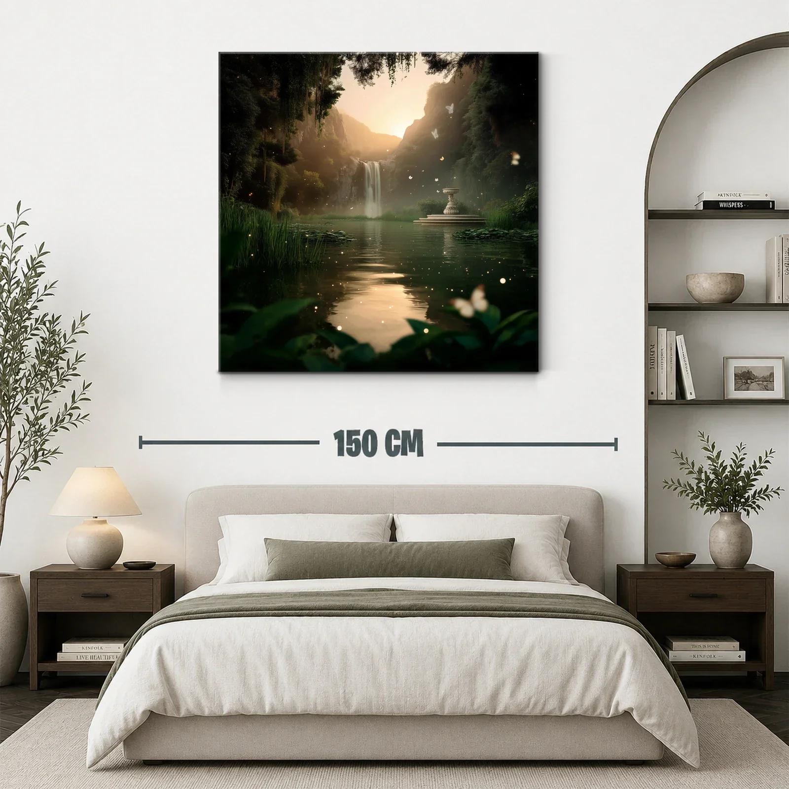 Paisaje místico con cascada y mariposas al atardecer — miniatura 3