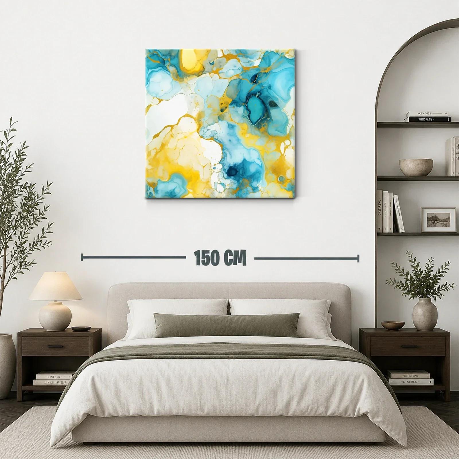 Cuadro abstracto con tonos azules y dorados vibrantes — miniatura 3