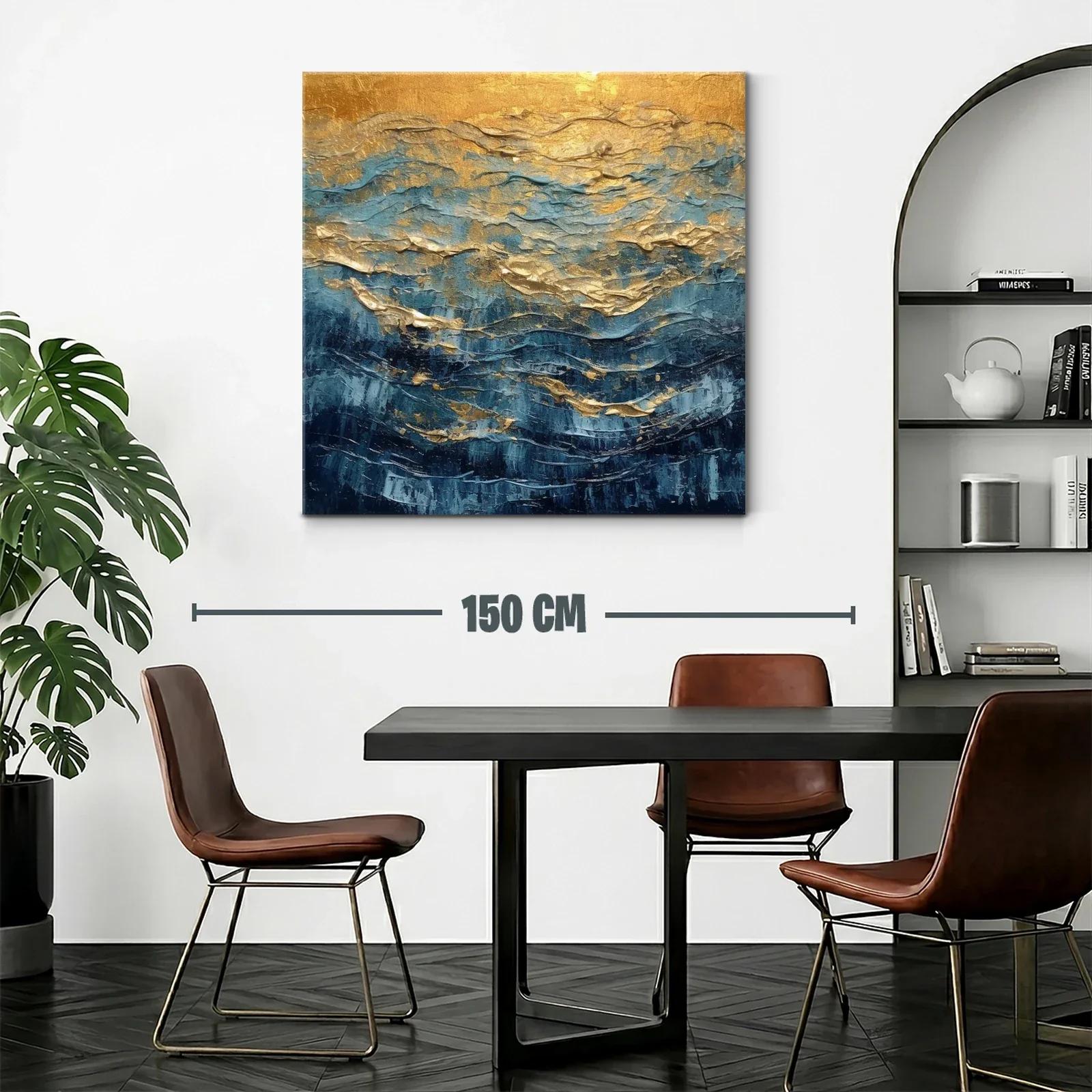 Cuadro abstracto con tonos dorados y azules vibrantes — miniatura 2