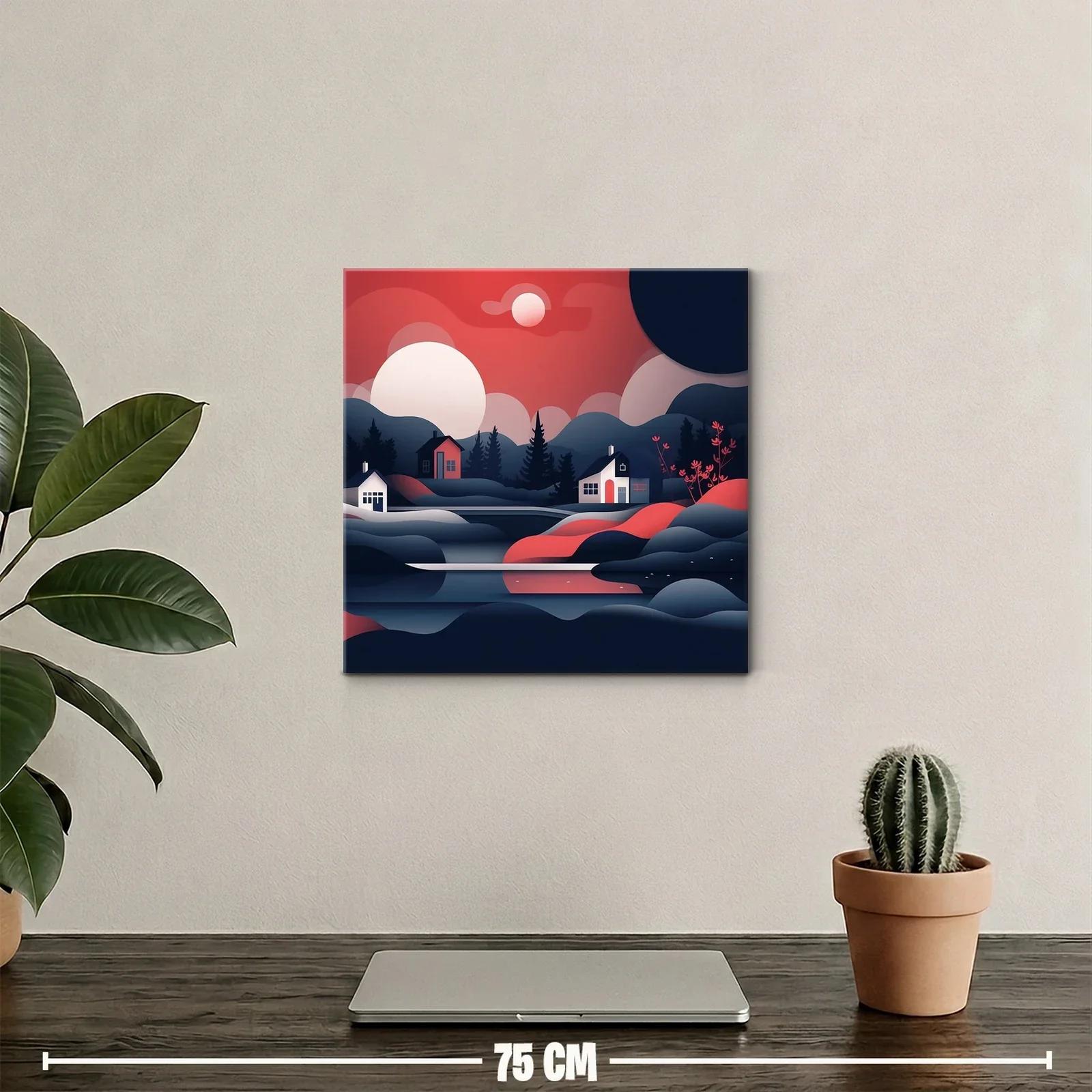 Paisaje nocturno con casas y montañas en tonos rojos y azules — miniatura 2
