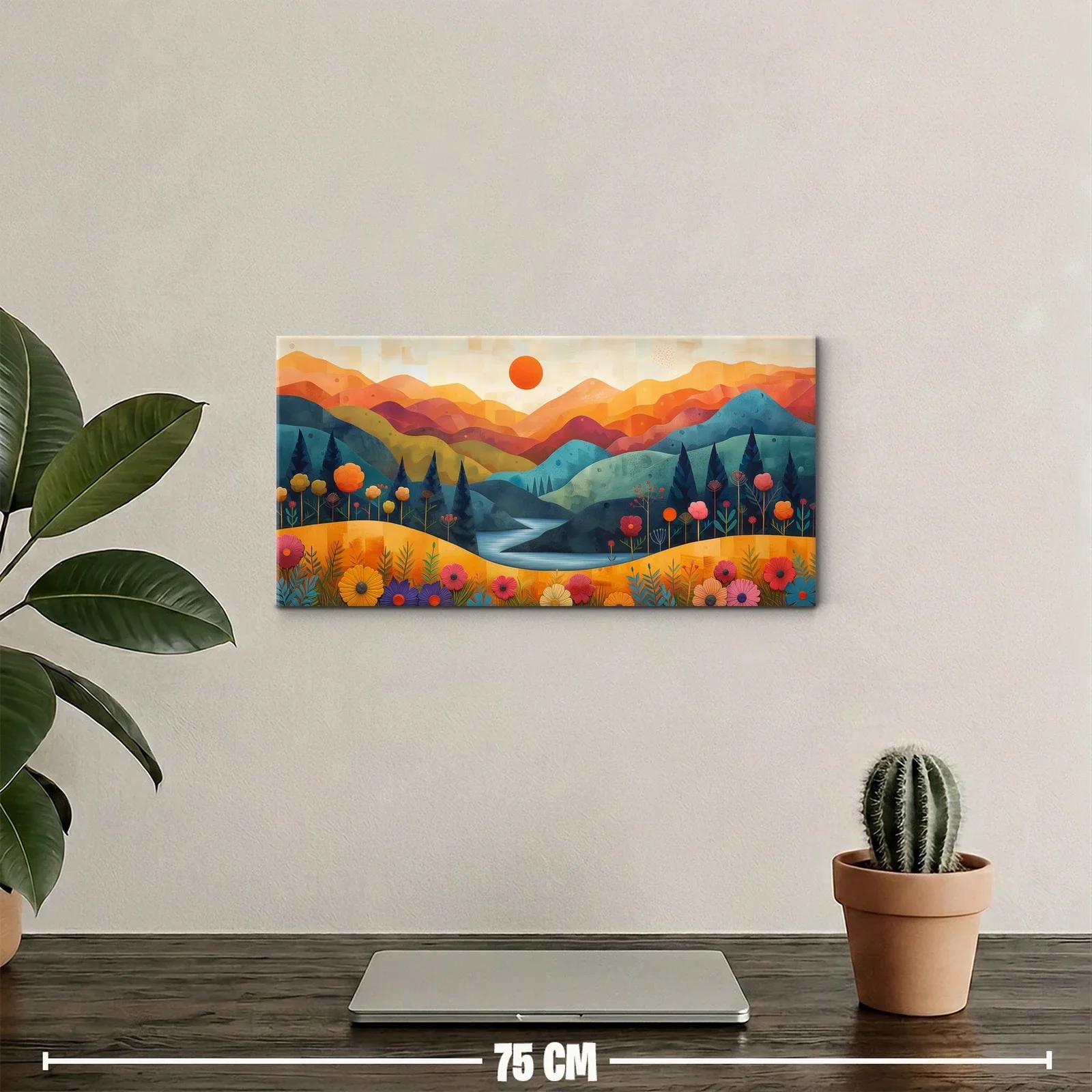 Cuadro paisaje de montañas con flores y curso de agua serpenteante — miniatura 2