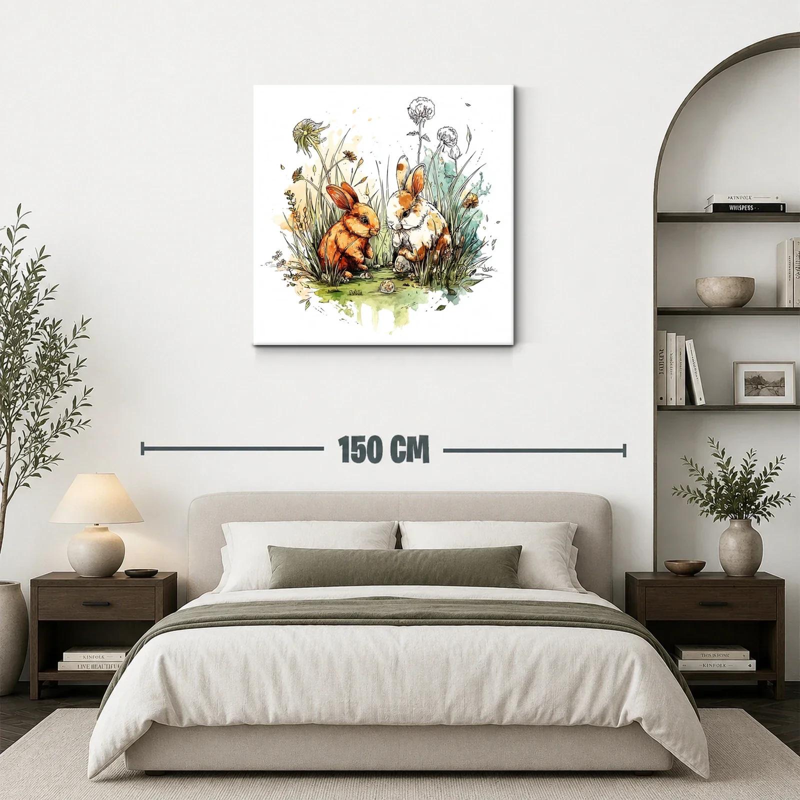 Dúo de conejos rodeados de flores y hierba fresca — miniatura 3
