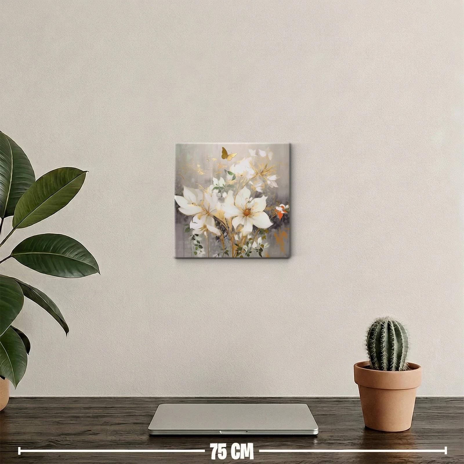 Cuadro decorativo con flores blancas y mariposa dorada en fondo gris — miniatura 2