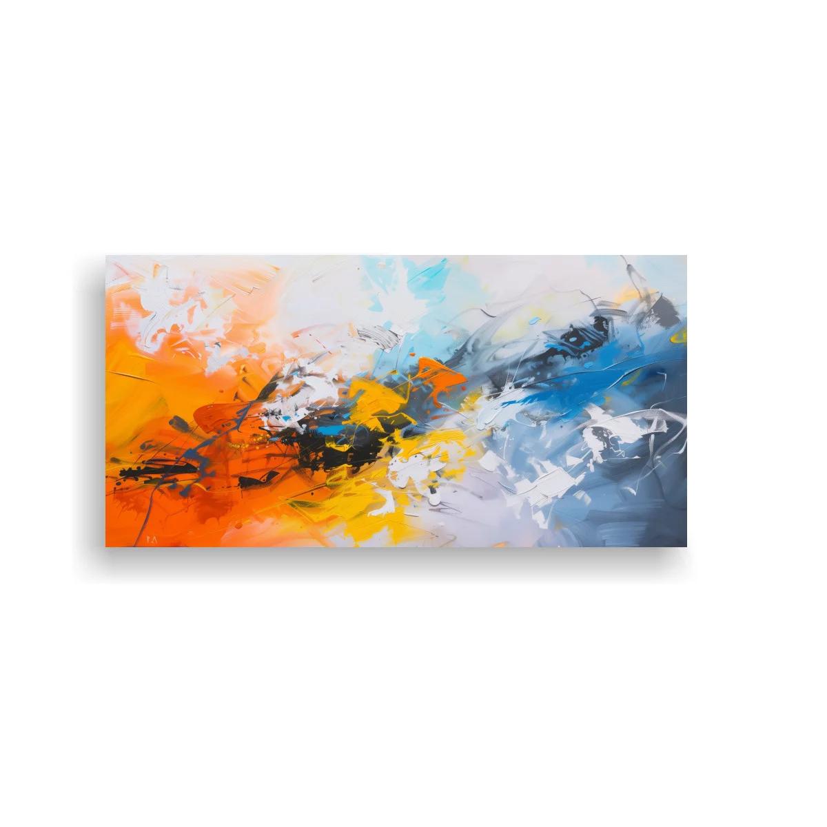 Cuadro abstracto en naranja y azul con trazos oscuros y blancos — imagen principal