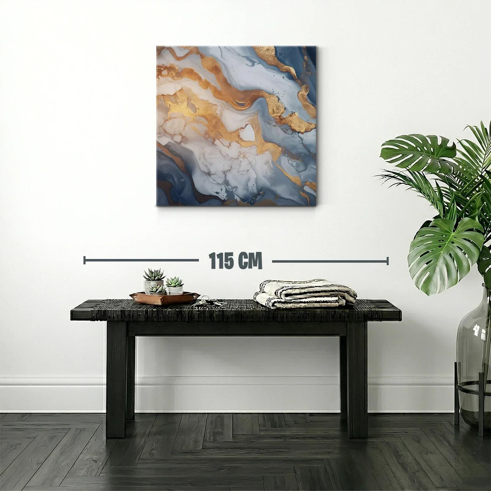 Cuadro abstracto con tonos dorados y azul grisáceo — miniatura 2