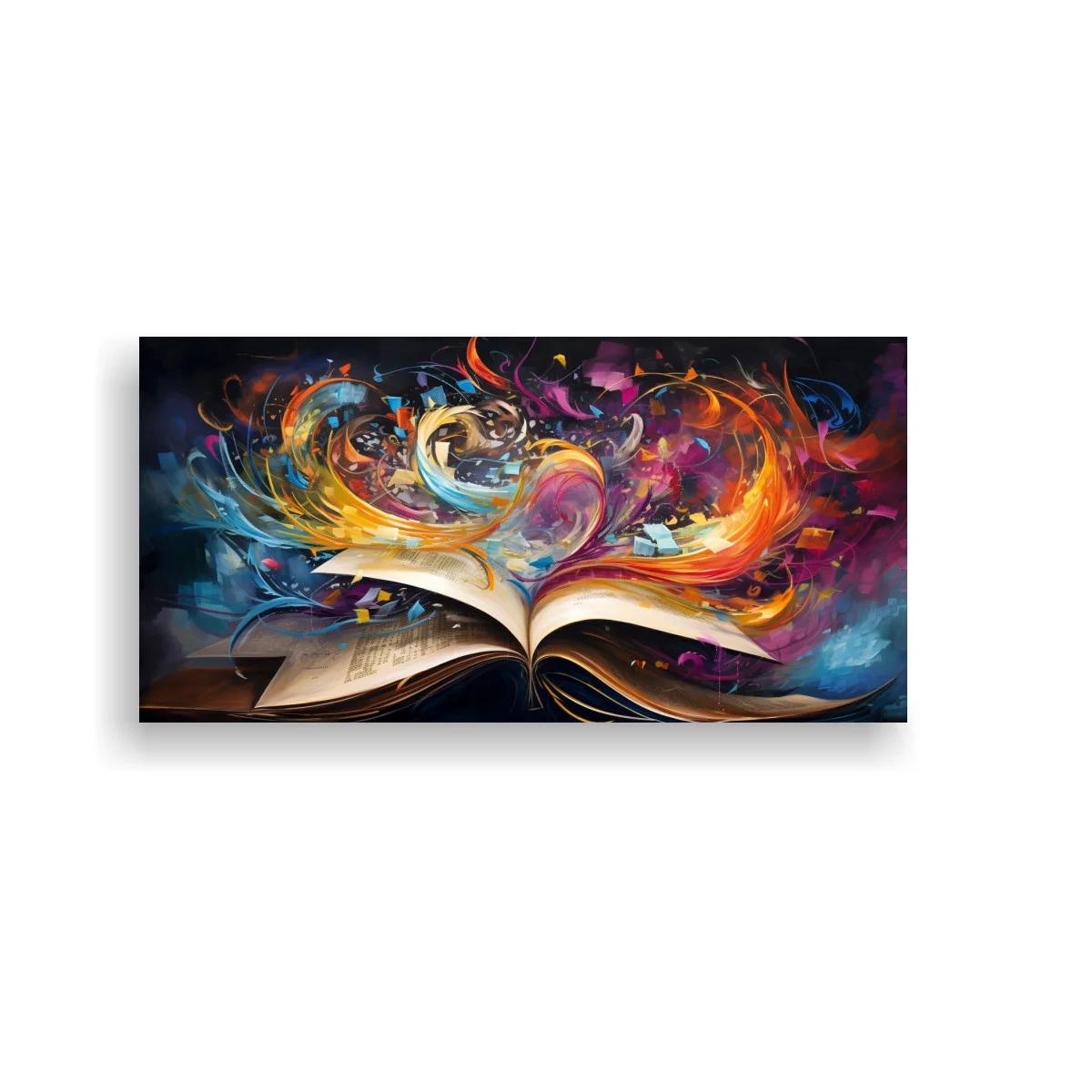 Cuadro libro abierto con remolino de color y hojas curvadas — imagen principal