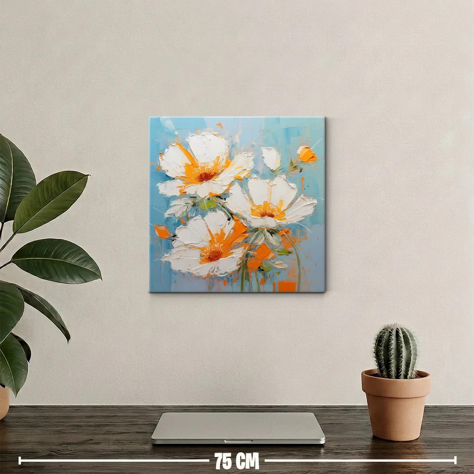 Cuadro con flores blancas y detalles naranjas sobre fondo azul — miniatura 2