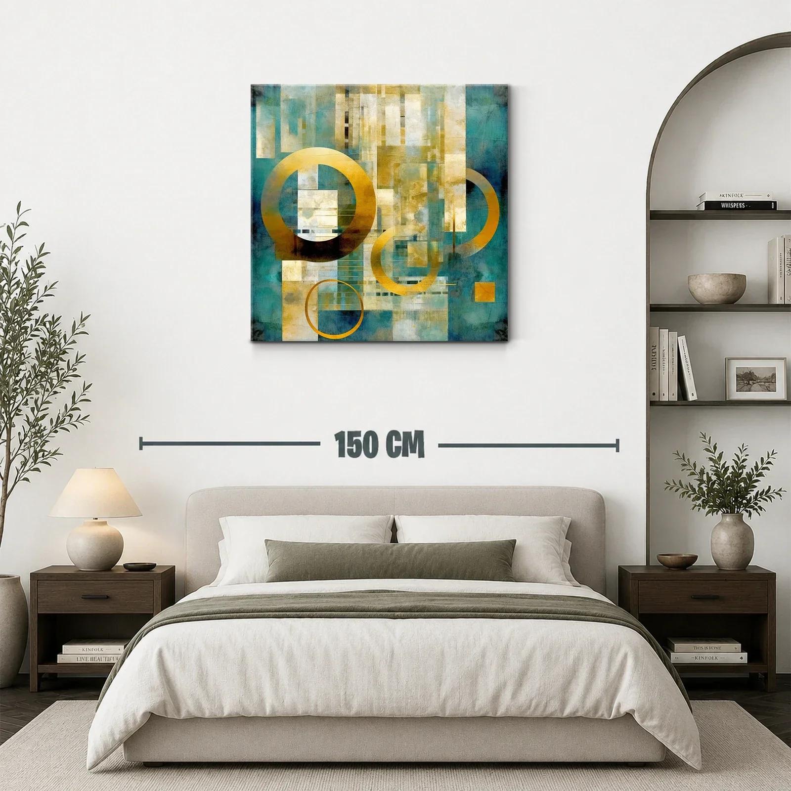 Cuadro abstracto moderno en tonos dorados y turquesa — miniatura 3