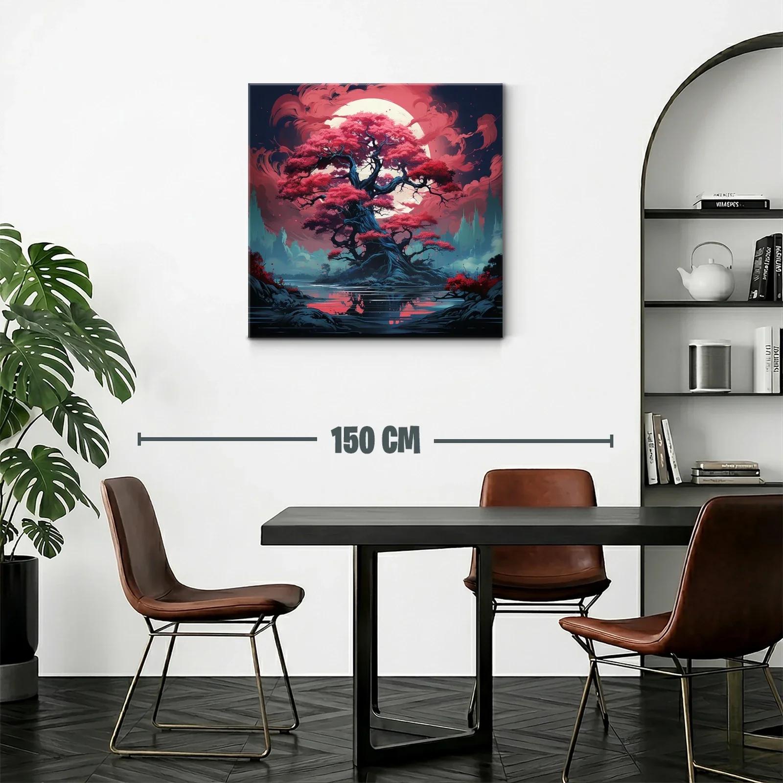 Árbol mágico con hojas rojas bajo luna llena brillante — miniatura 2