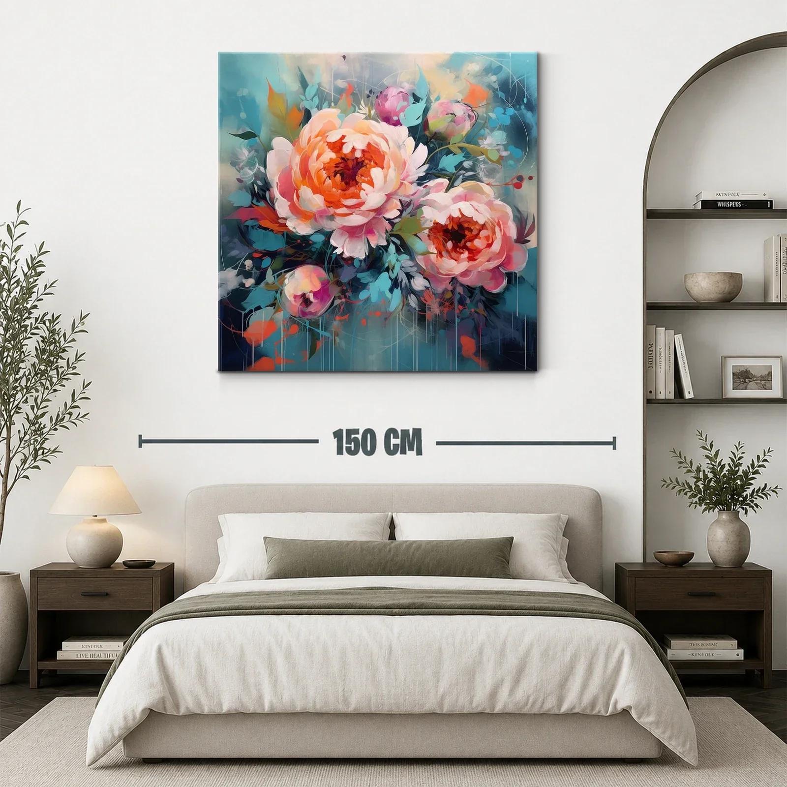 Cuadro floral con vibrantes peonías en tonos cálidos y fríos — miniatura 3