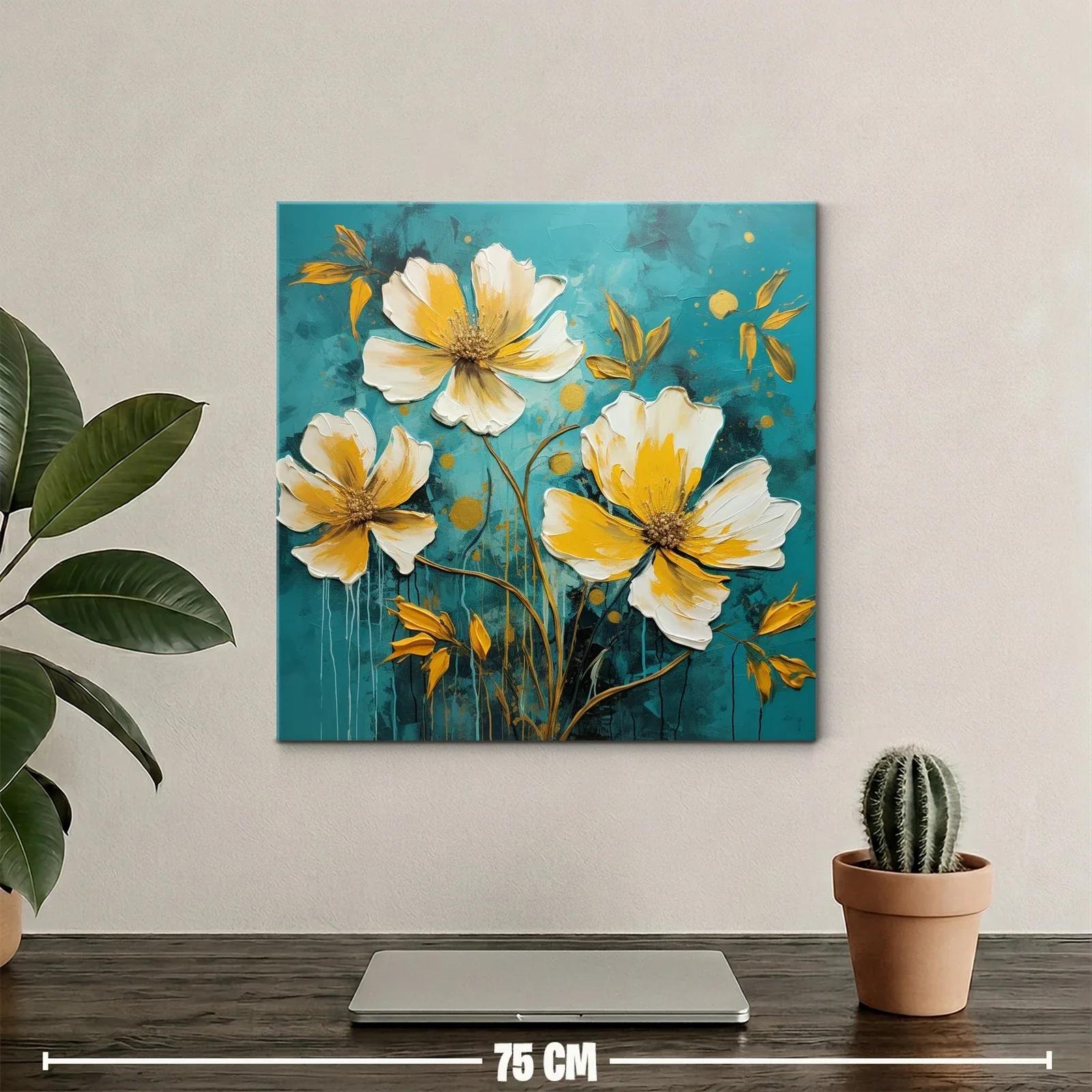 Cuadro floral moderno en tonos cálidos y fondo azul profundo — miniatura 2