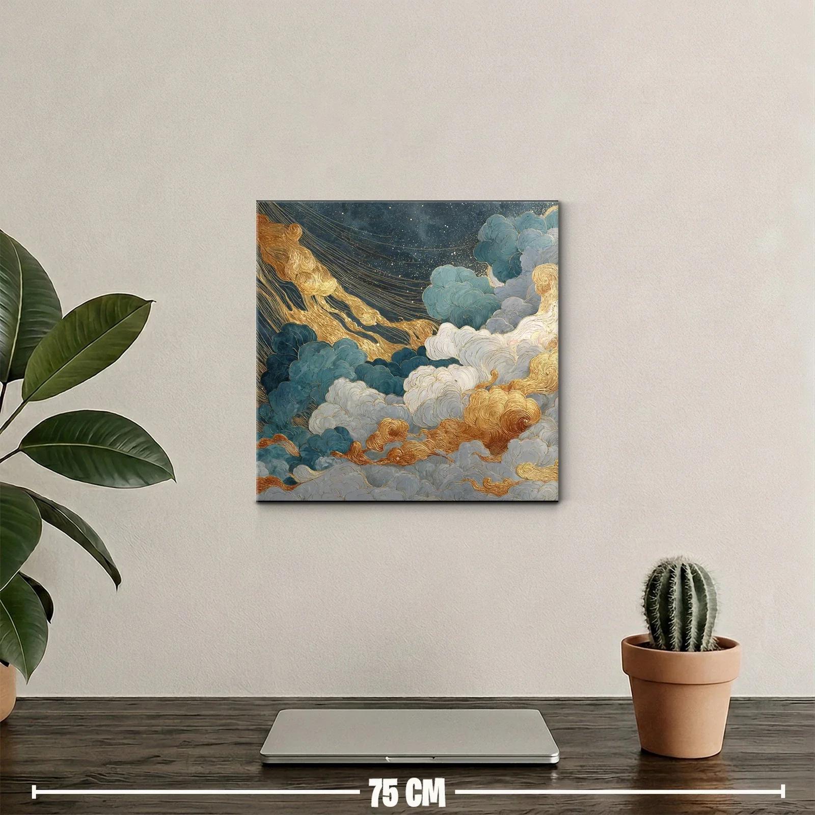 Cuadro abstracto de nubes doradas y azules con estrellas — miniatura 2
